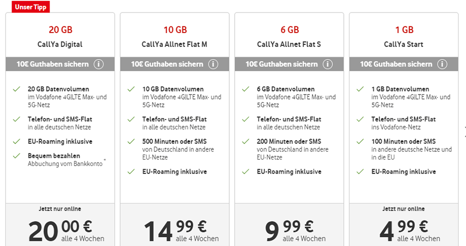 Vodafone CallYa Prepaid Tarife Vergleich