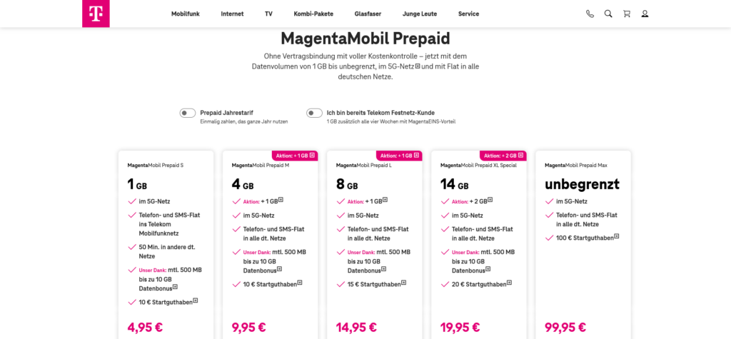 Telekom Prepaid Tarife - MagentaMobil Prepaid 