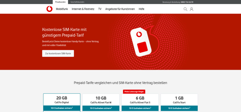 Kostenlose Vodafone SIM-Karte mit Prepaid Tarif