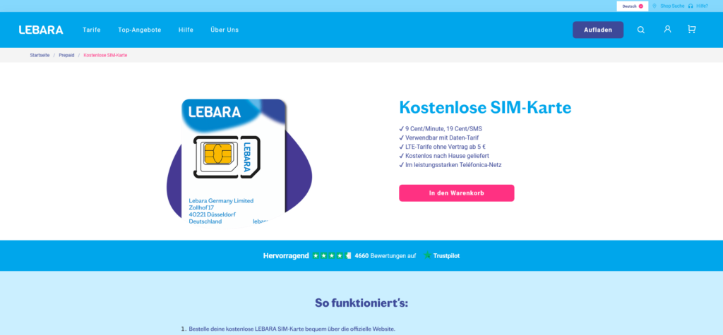 Kostenlose Lebara Prepaid SIM-Karte ohne Vertragsbindung 