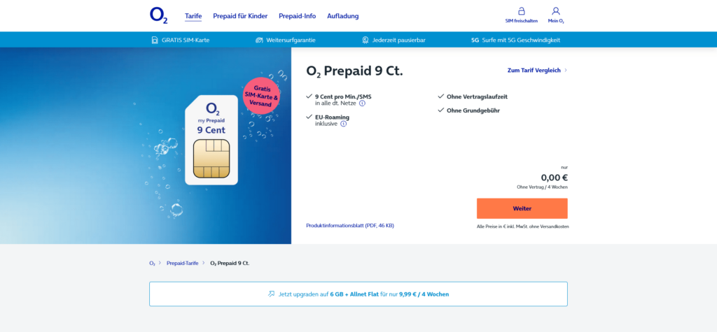 Kostenlose o2 Prepaid 9 Cent SIM-Karte mit Startguthaben