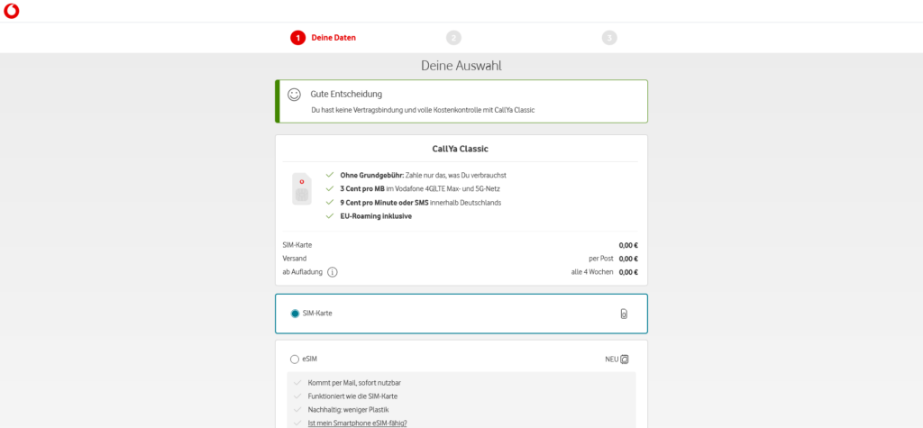 Vodafone Freikarte online Bestellung